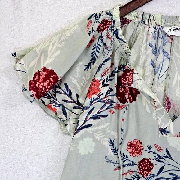 Candace Cameron Women’s Blouse Cap Flutter Sleeve Tie Front Floral Sage Medium - Picture 4 of 6
